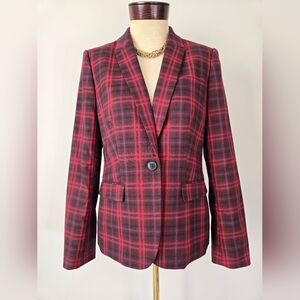TOMMY HILFIGER Red And Navy Plaid Blazer With Navy Elbow Pads. Size 8